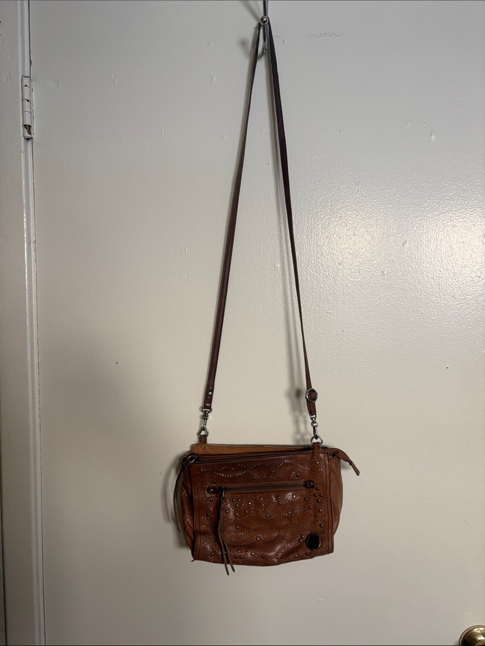 The Sak Brown Leather Crossbody with Stud Embellishments